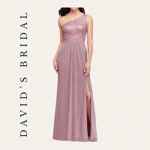 Women’s DAVID’S BRIDAL ONE SHOULDER MAXI LENGTH‎ DRESS SIZE 16 LACE TOP CHIFFON